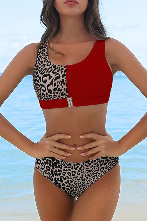 Leopard Printed Patchwork Buckle Front Bikini Set