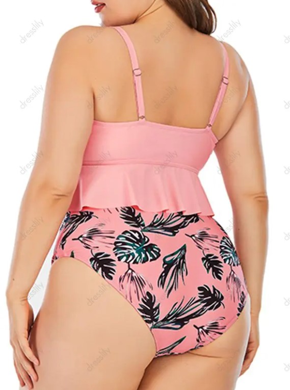 Plus Size Tropical Leaf Print Padded Tankini Swimsuit