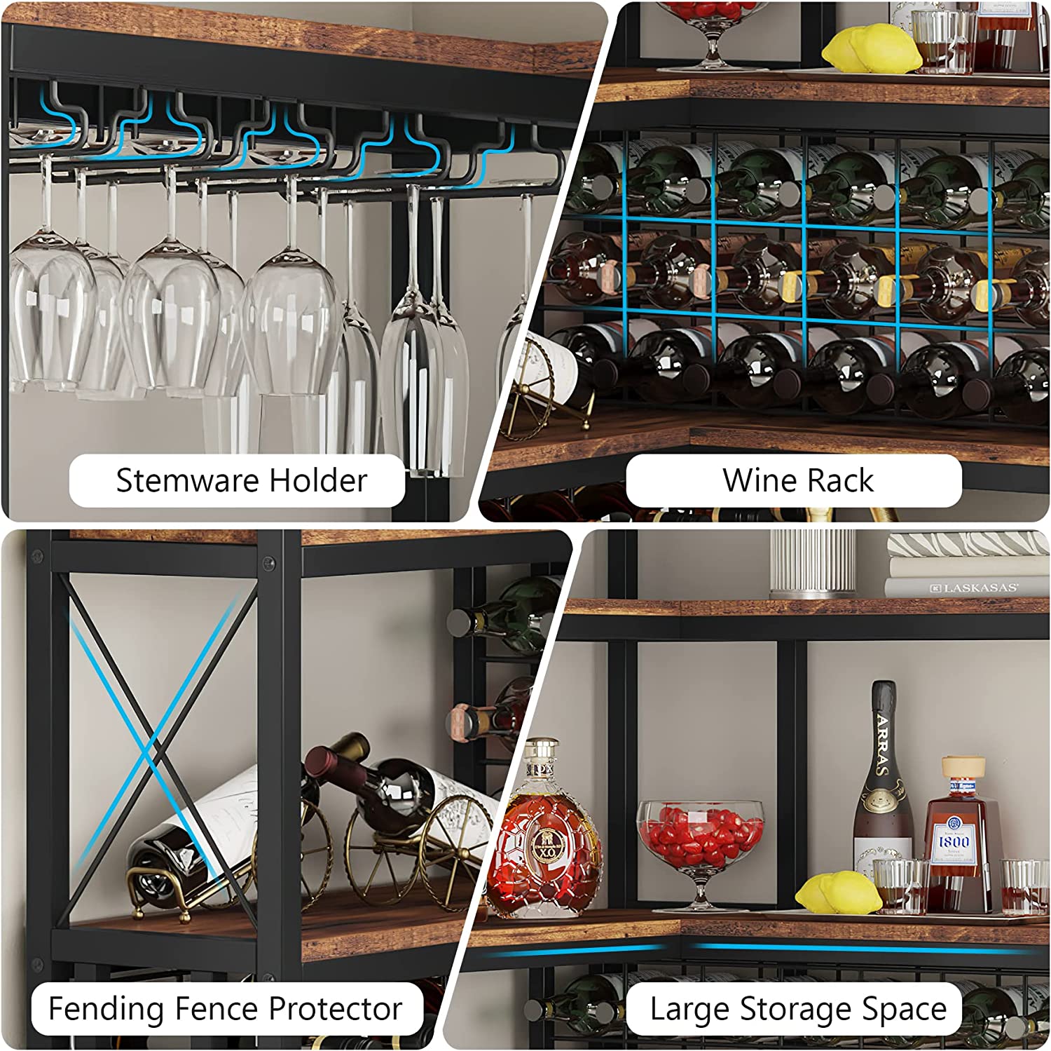 Corner Wine Rack, Freestanding Bar Cabinets for Liquor and Glasses Storage