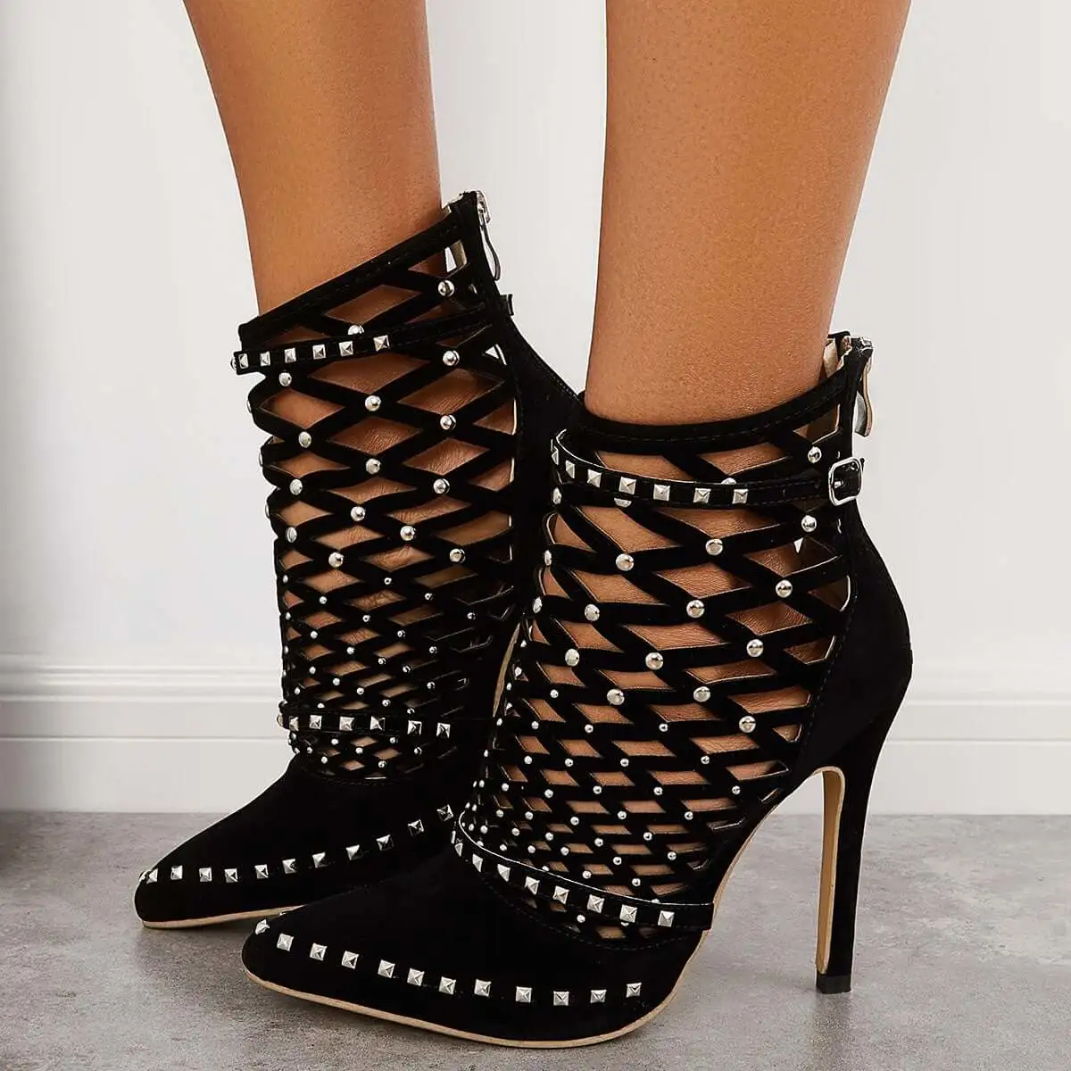 Black Pointed Toe Stiletto High Dress Heels Hollow Ankle Boots