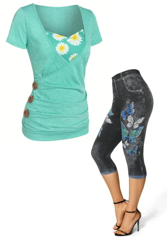 Floral Tie Blouse and Cami Top Set and High Waist 3D Print Capri Skinny Leggings Plus Size Summer Outfit