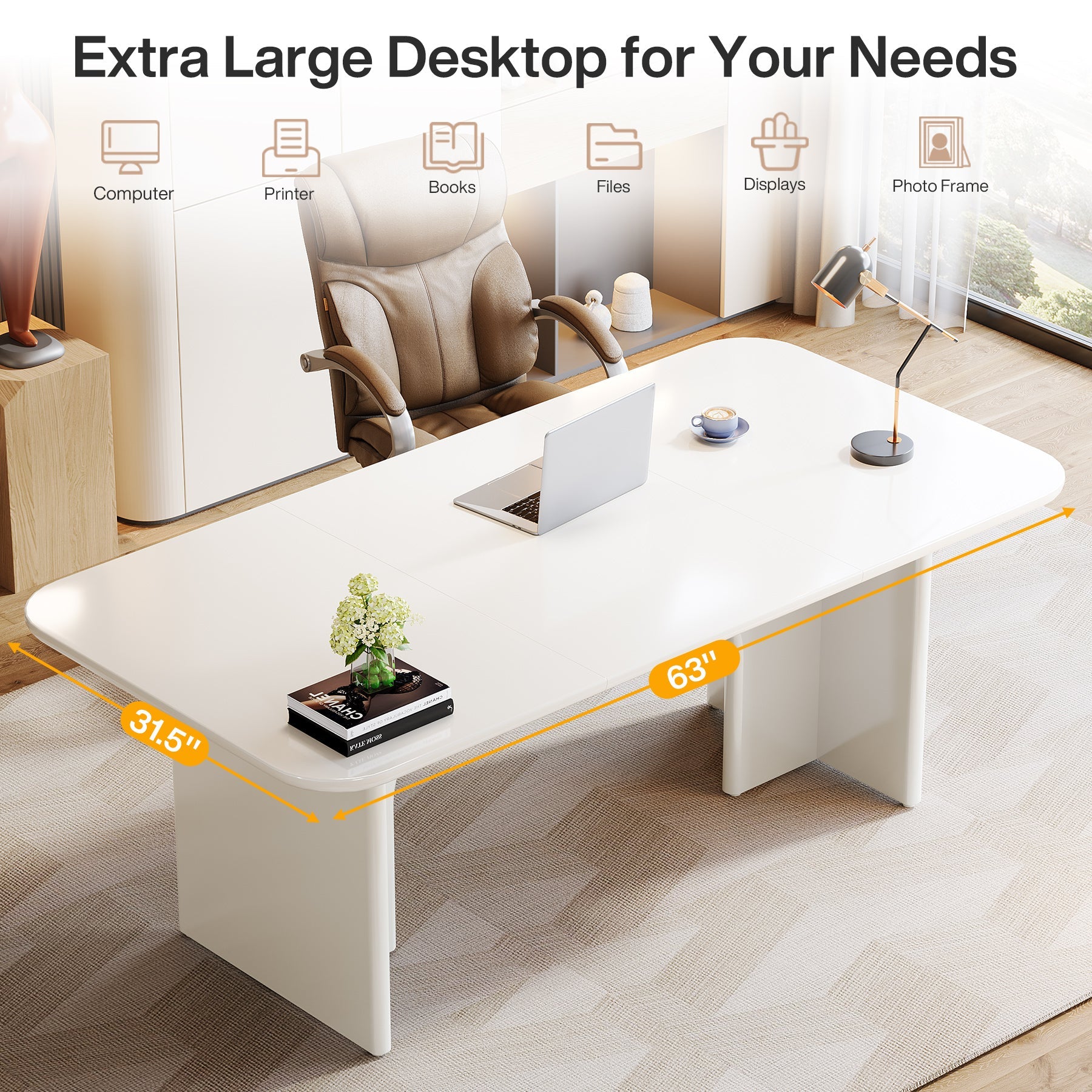 63-Inch Executive Desk, Modern Computer Desk with Arch Design Legs