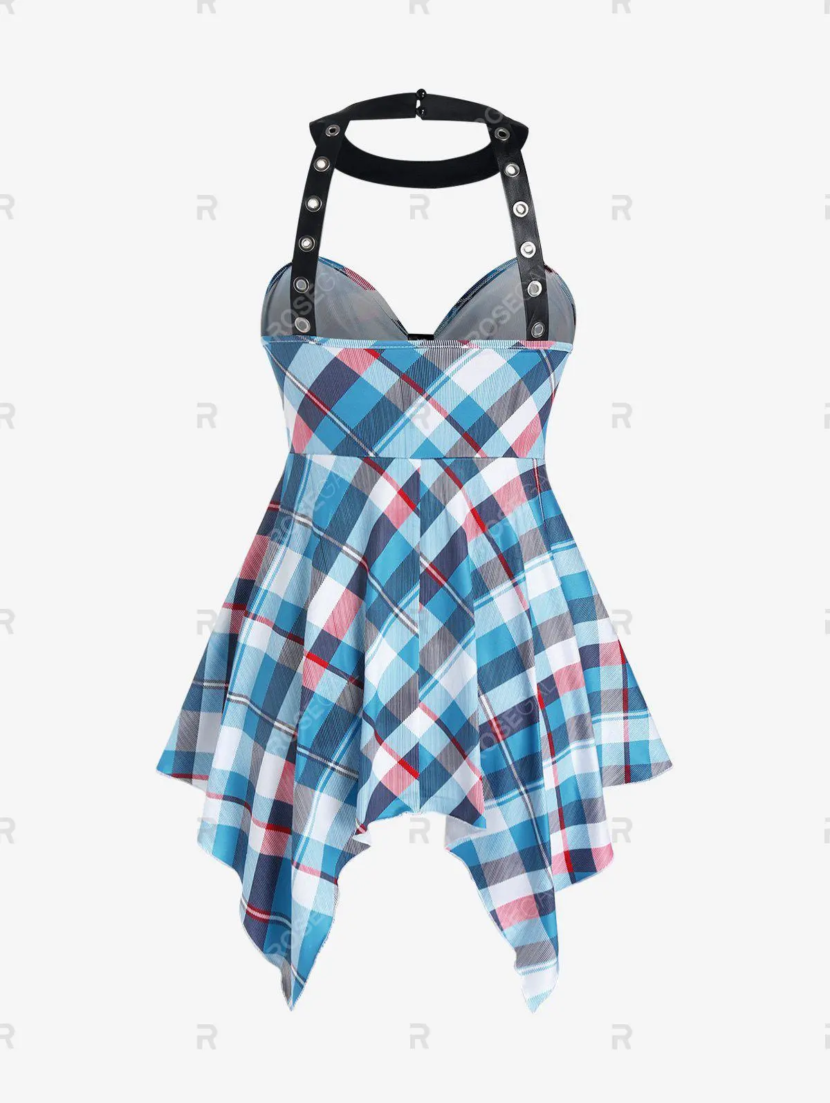Plaid Harness Halter Handkerchief Tank Top and Plaid High Waisted Capri Leggings Plus Size Summer Outfit