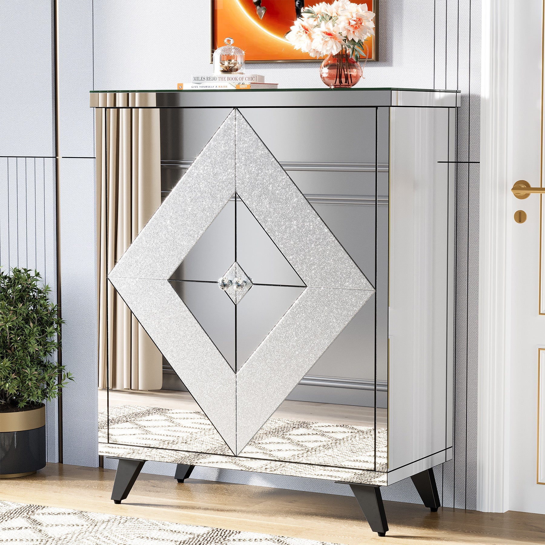 Modern Shoe Cabinet Entryway Shoe Organizer with Mirrored Doors