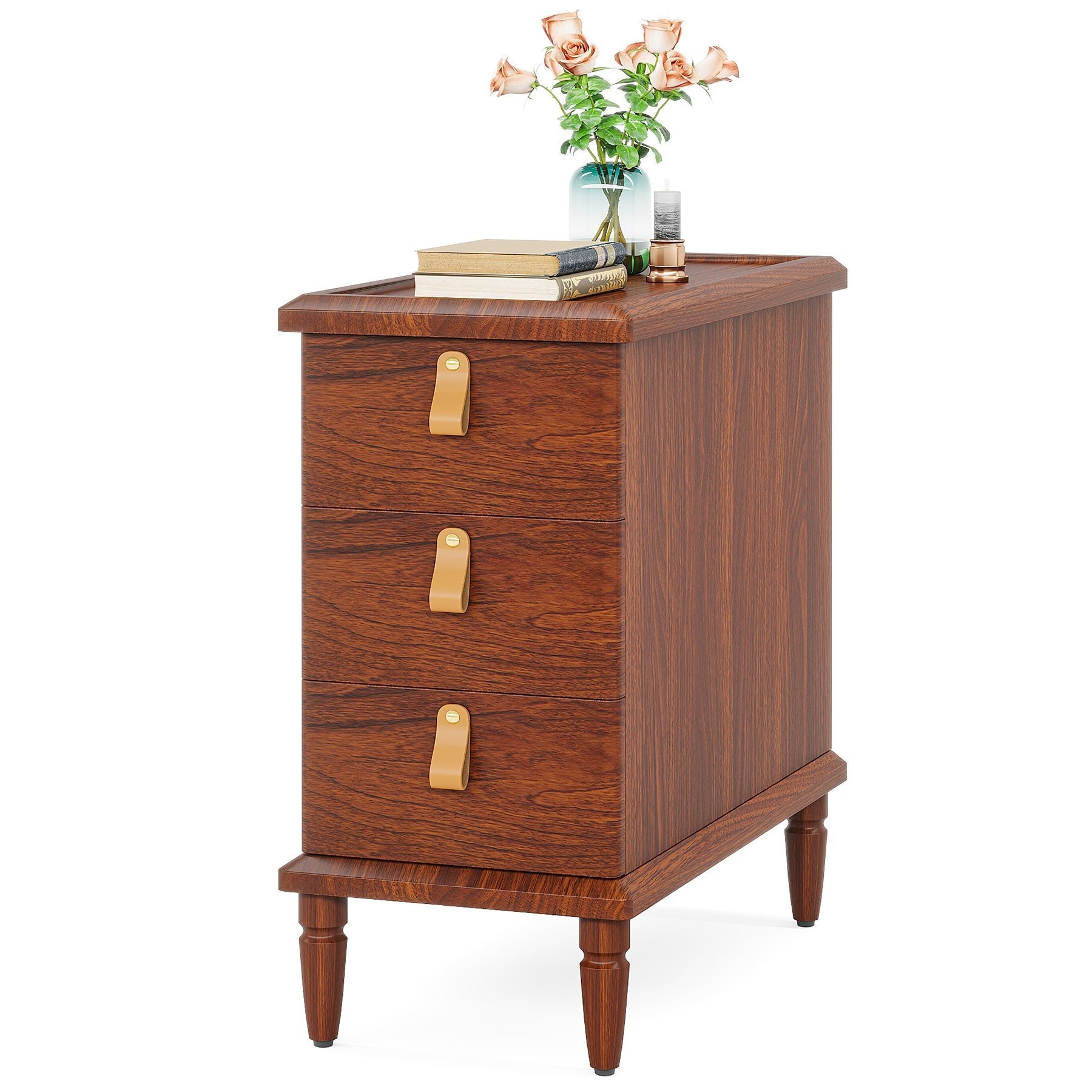 Wood End Table, Classic Nightstand with 3 Wooden Drawers