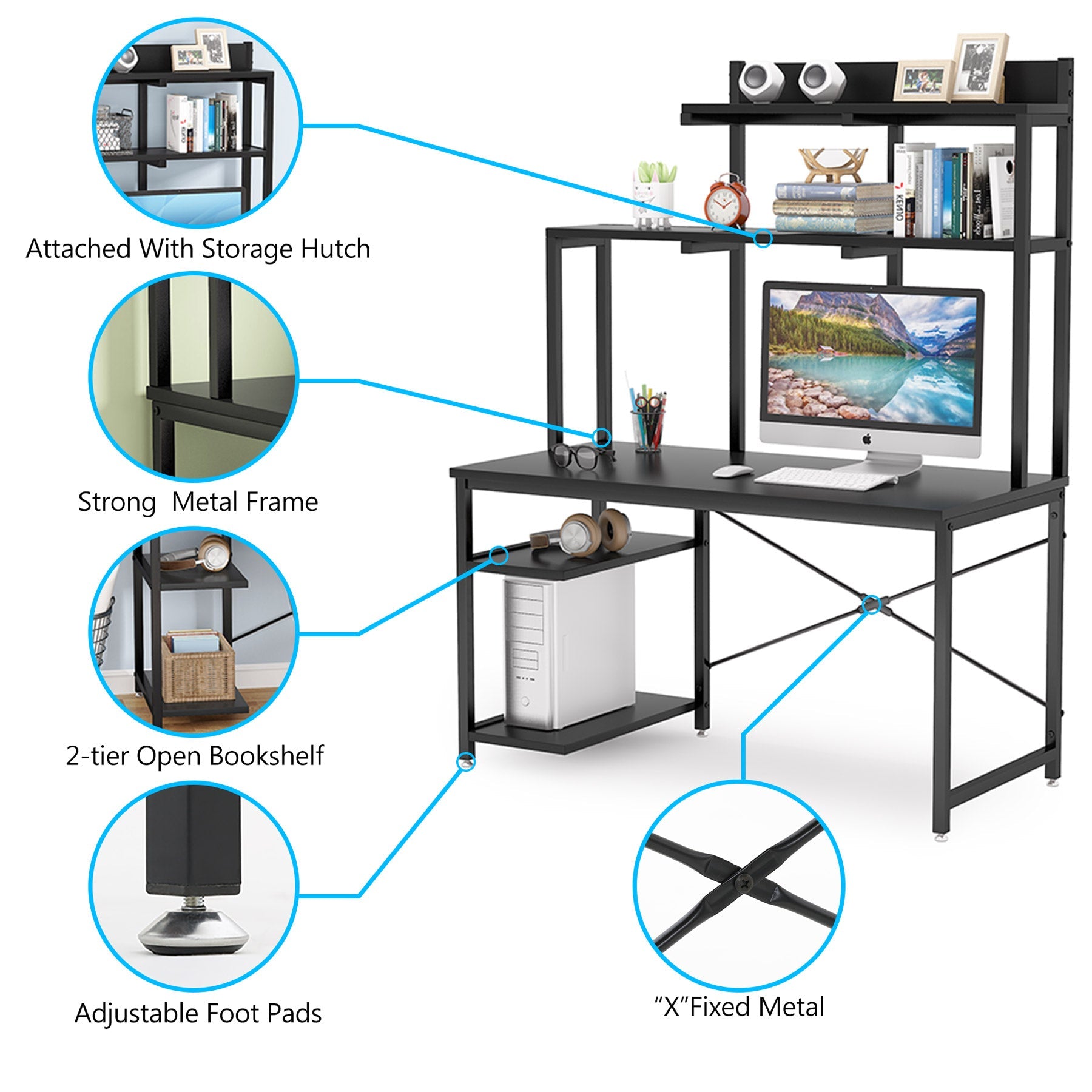 Black Computer Desk, Home Office Desk with Shelves and Hutch