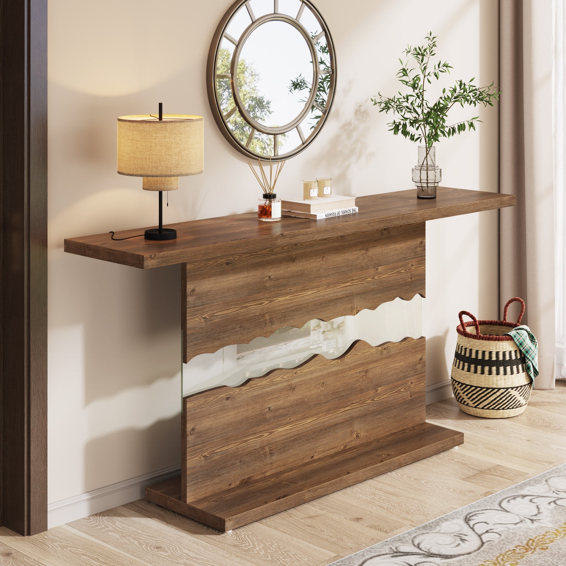 55-inch Console Table, Wood and Glass Sofa Table for Entryway