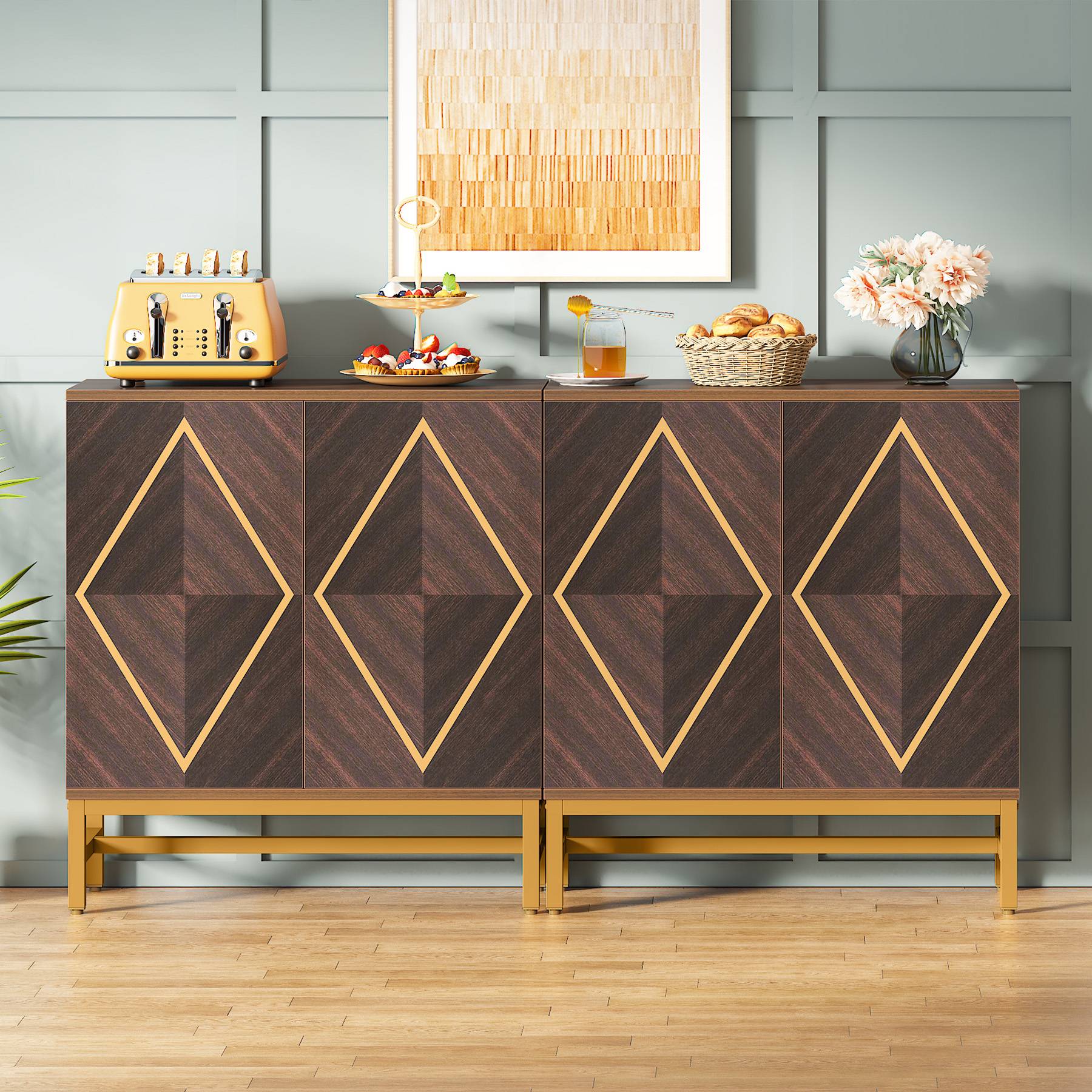 Sideboard Buffet Set of 2, Accent Console Cabinet with Adjustable Shelf