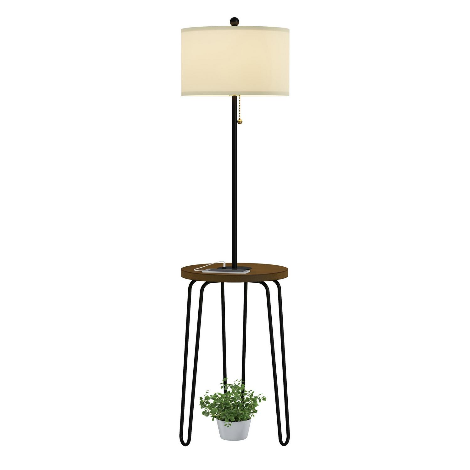 Lavish Home Floor Lamp with Table， USB Port， and Hairpin Legs a Standing Light with Shelves