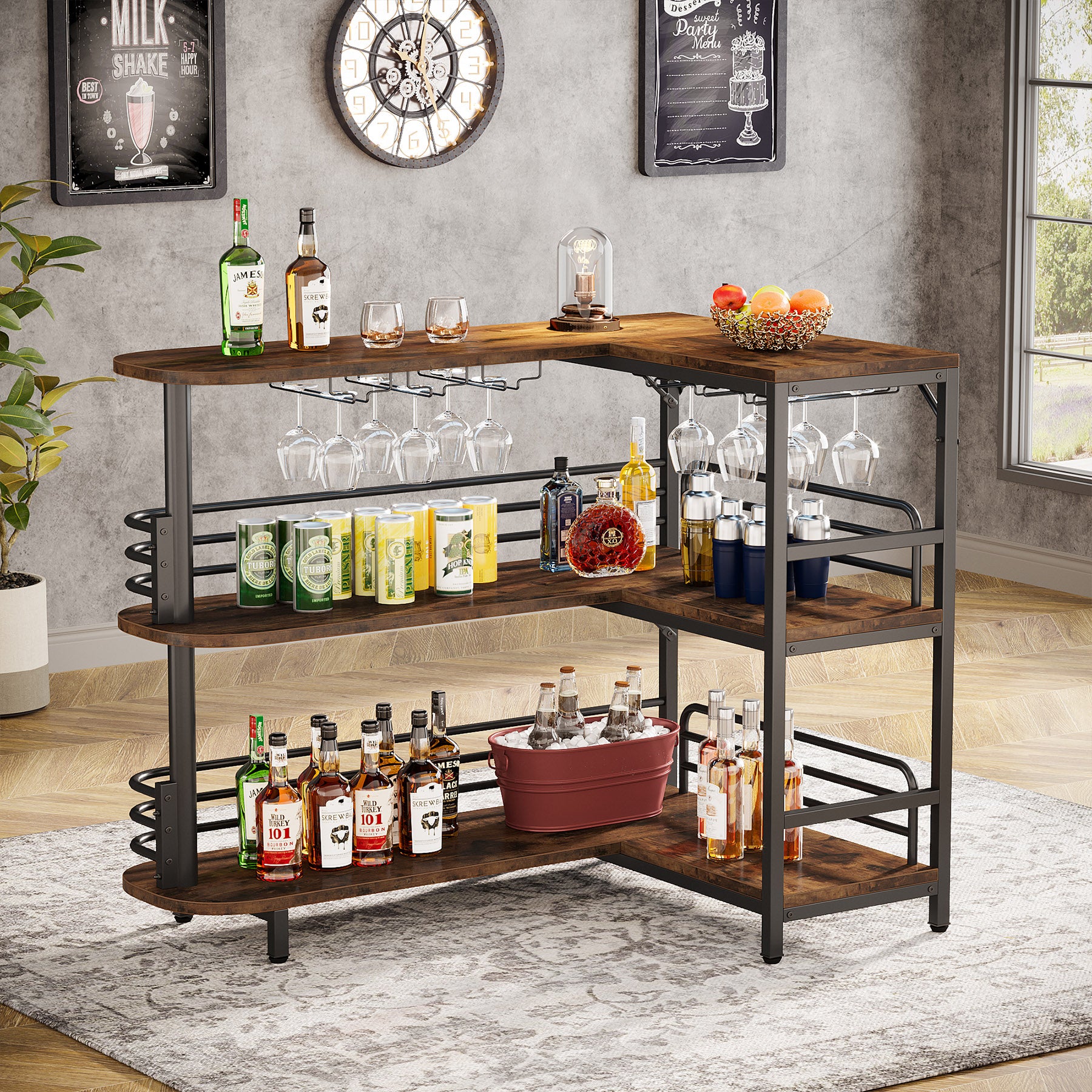 L-Shaped Bar Unit, 3 Tier Liquor Bar Table with Wine Glasses Holder