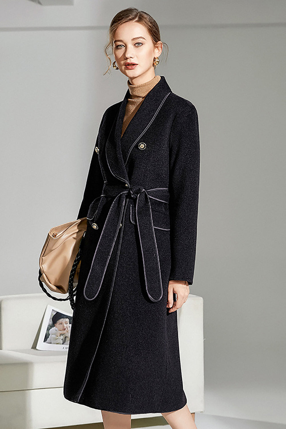 Black Double Breasted Lapel Neck Long Wool Coat with Belt
