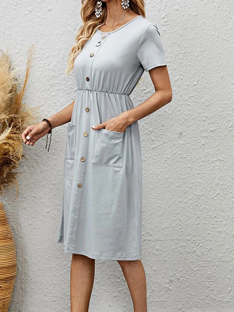 Women's Solid Color Pleated Button Insert Pocket Cotton Linen Dress