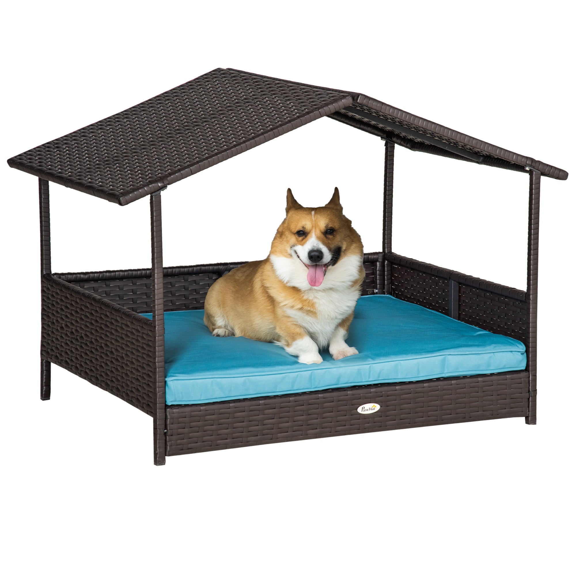 PawHut Wicker Dog Bed Patio Rattan Pet Furniture with Cushion， Blue