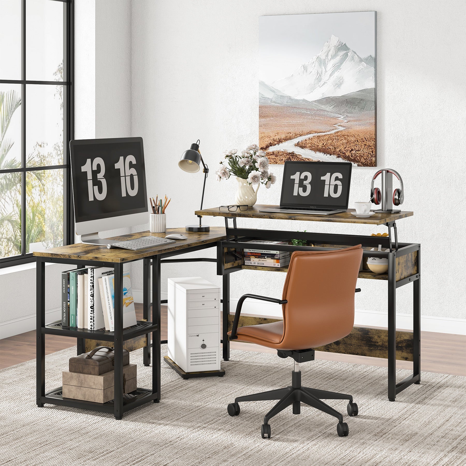 Lift Top L-Shaped Desk, Sit to Stand Corner Computer Desk with Shelves