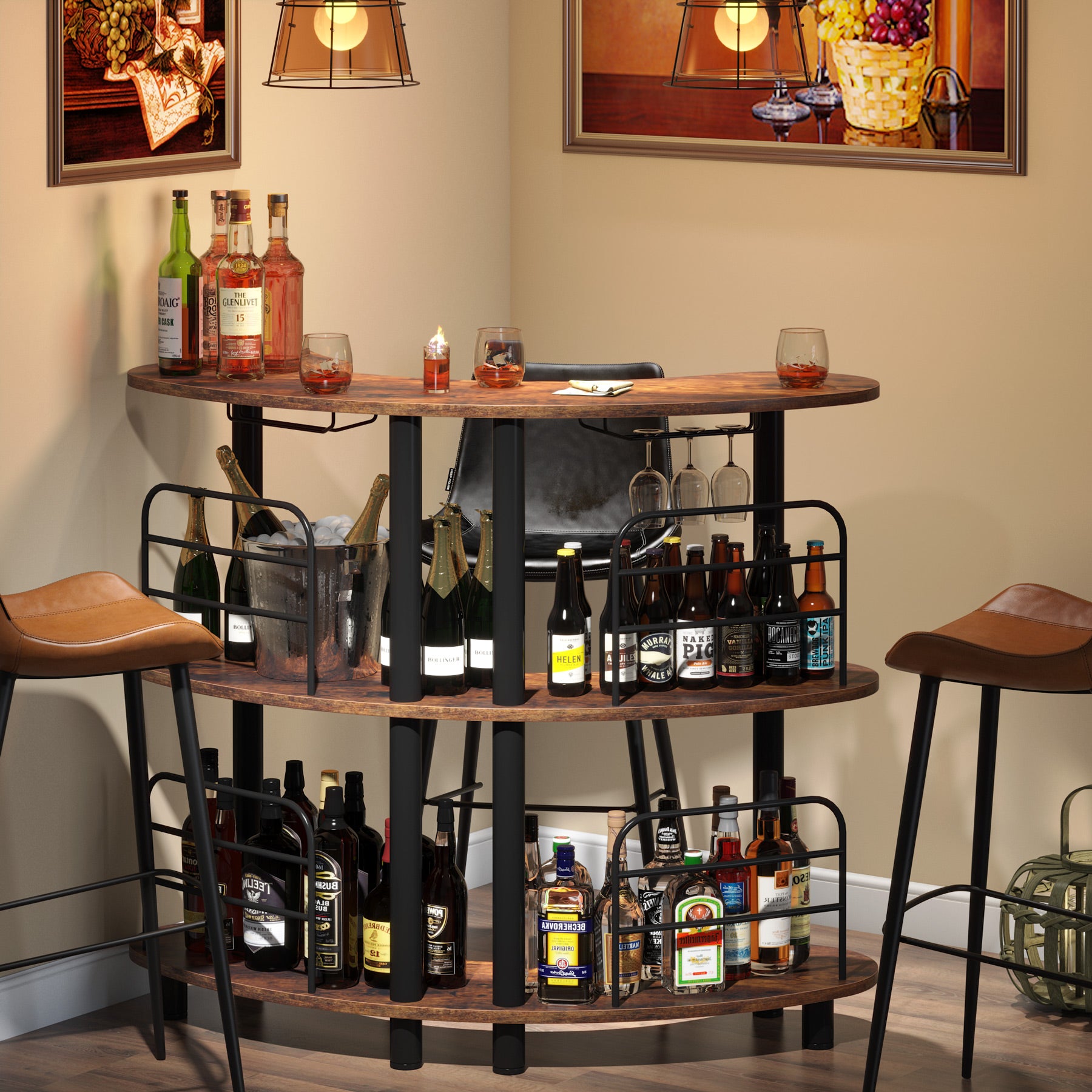 3-Tier Bar Unit, Liquor Bar Cabinet with Storage Shelves