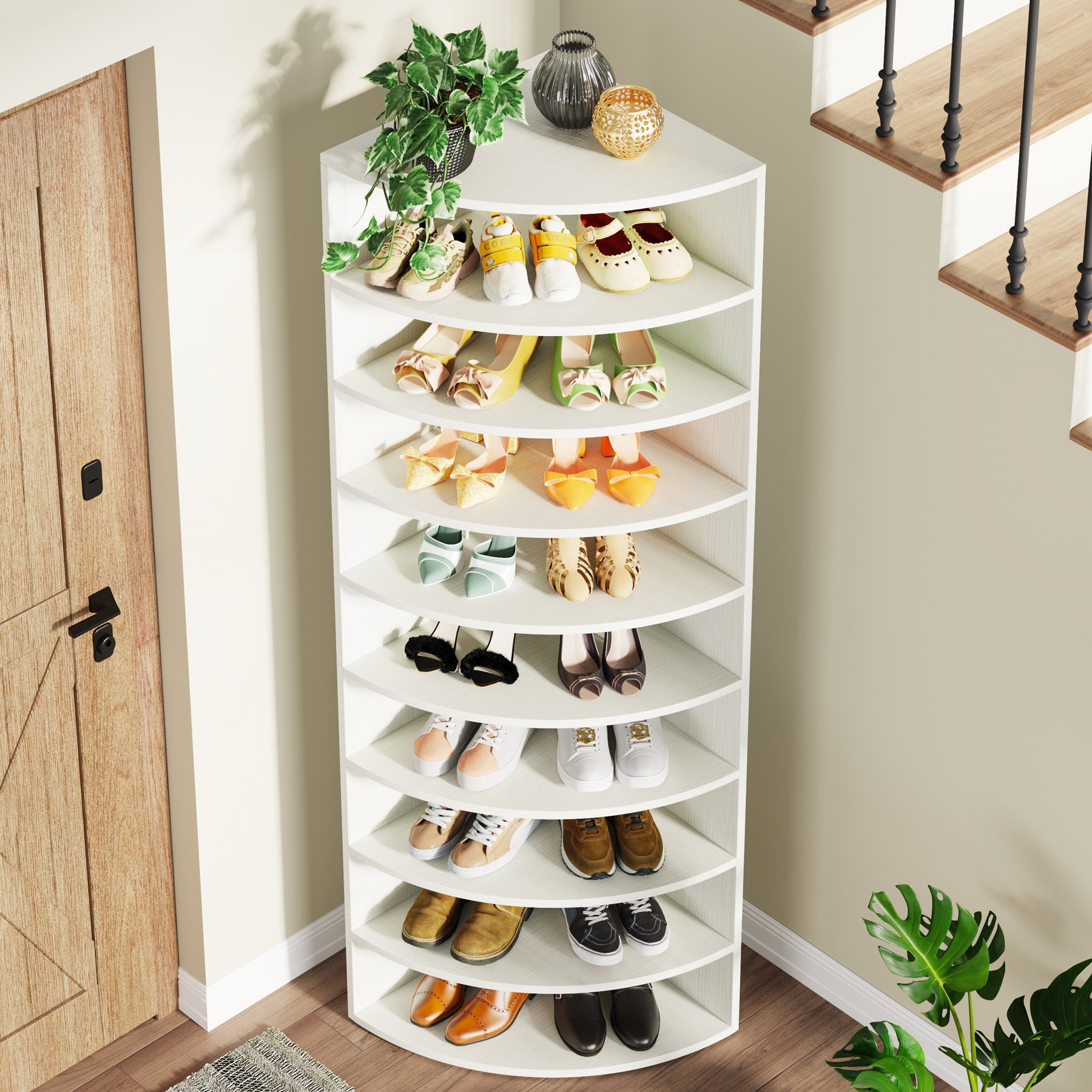 Corner Shoe Rack, 9-Tier Wooden Shoe Shelf Cabinet with Large Storage