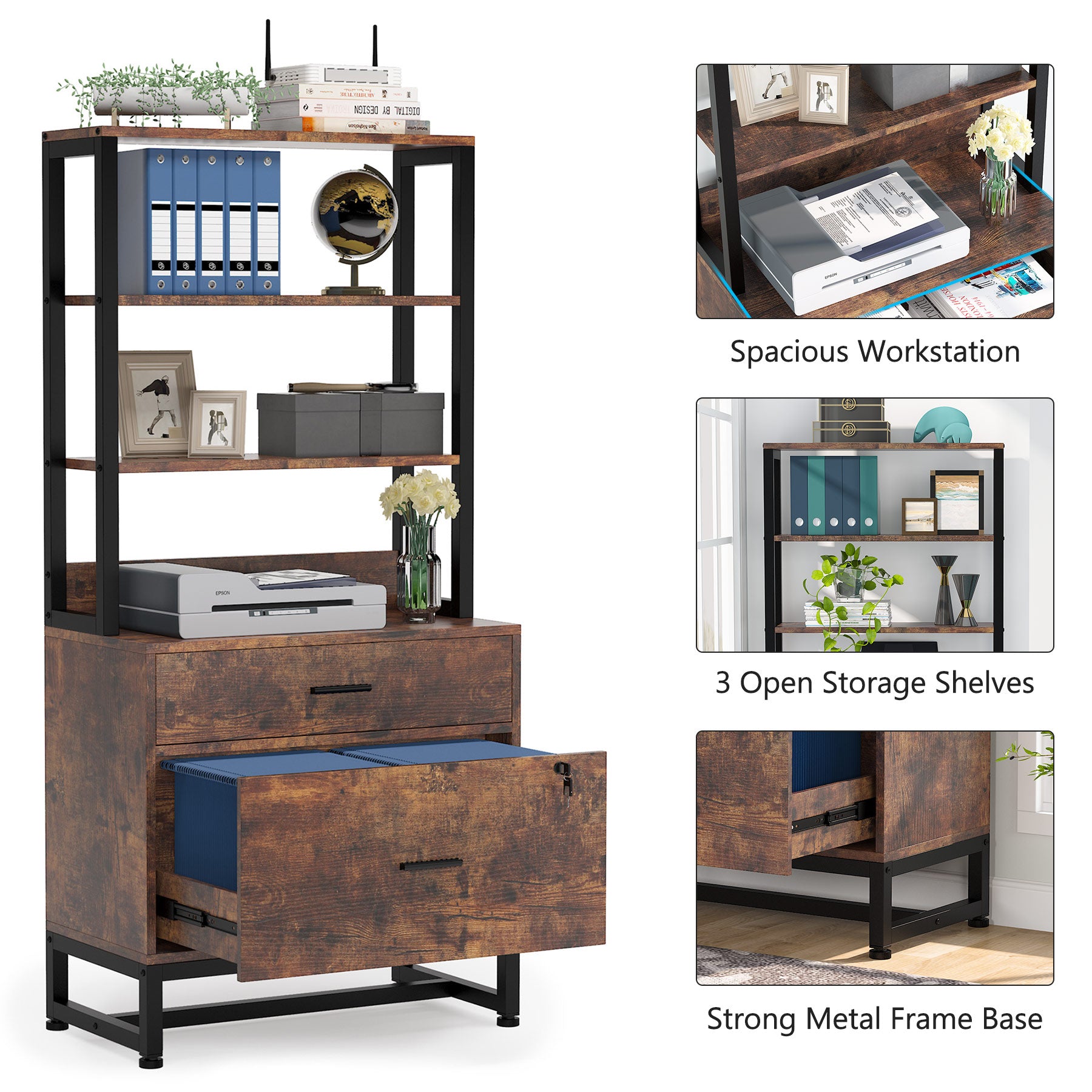 2-Drawer File Cabinet, Vertical Filing Cabinet with Lock & Bookshelf