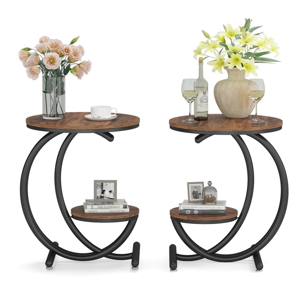 2-Tier End Table, Small Accent Side Table with C-Shaped Frame