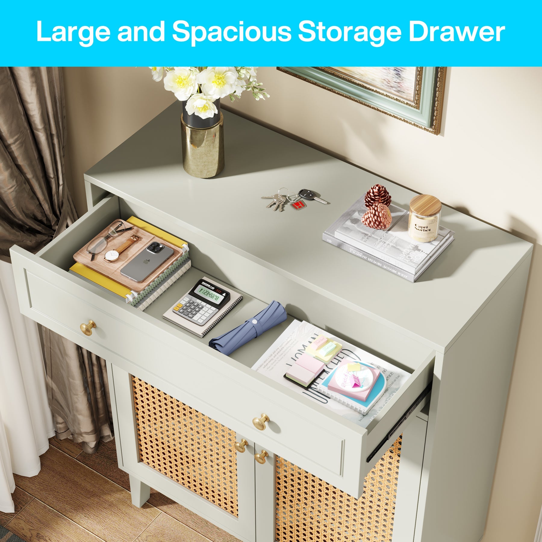 Wooden Storage Cabinet Sideboard with Adjustable Shelves and Drawer