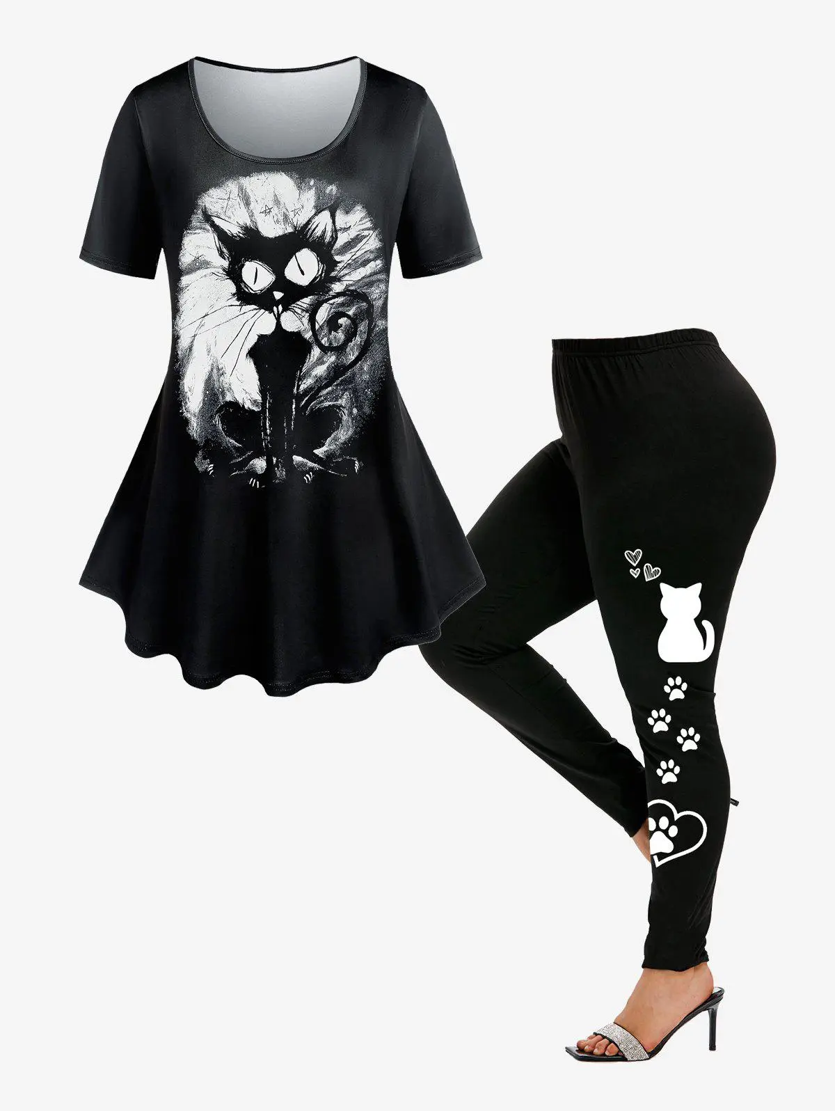 Gothic Cat Print Tee and High Waist Cat Paw Print Leggings Plus Size Summer Outfit
