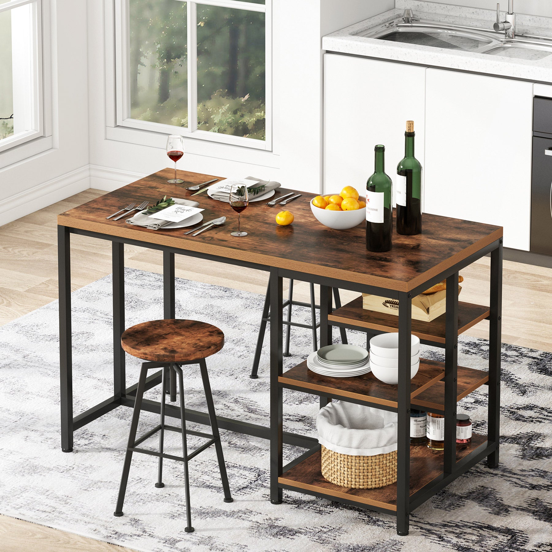 Industrial Kitchen Island, Kitchen Counter Table with Storage Shelves