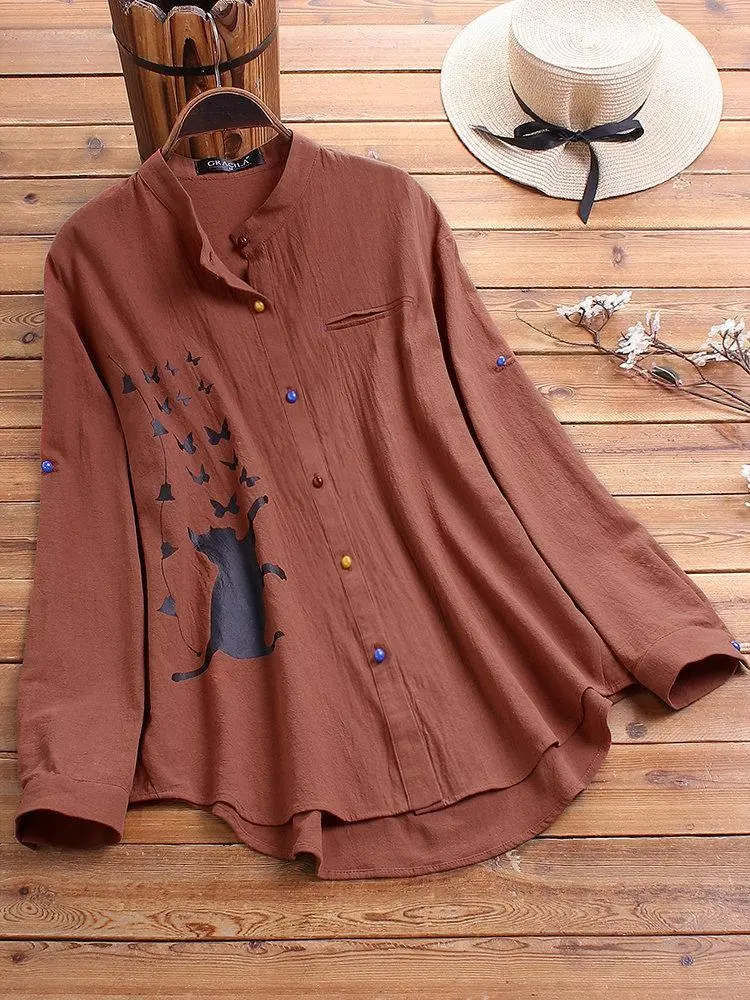 CAT PRINT LONG SLEEVE BLOUSE COLORFUL BUTTON SHIRT