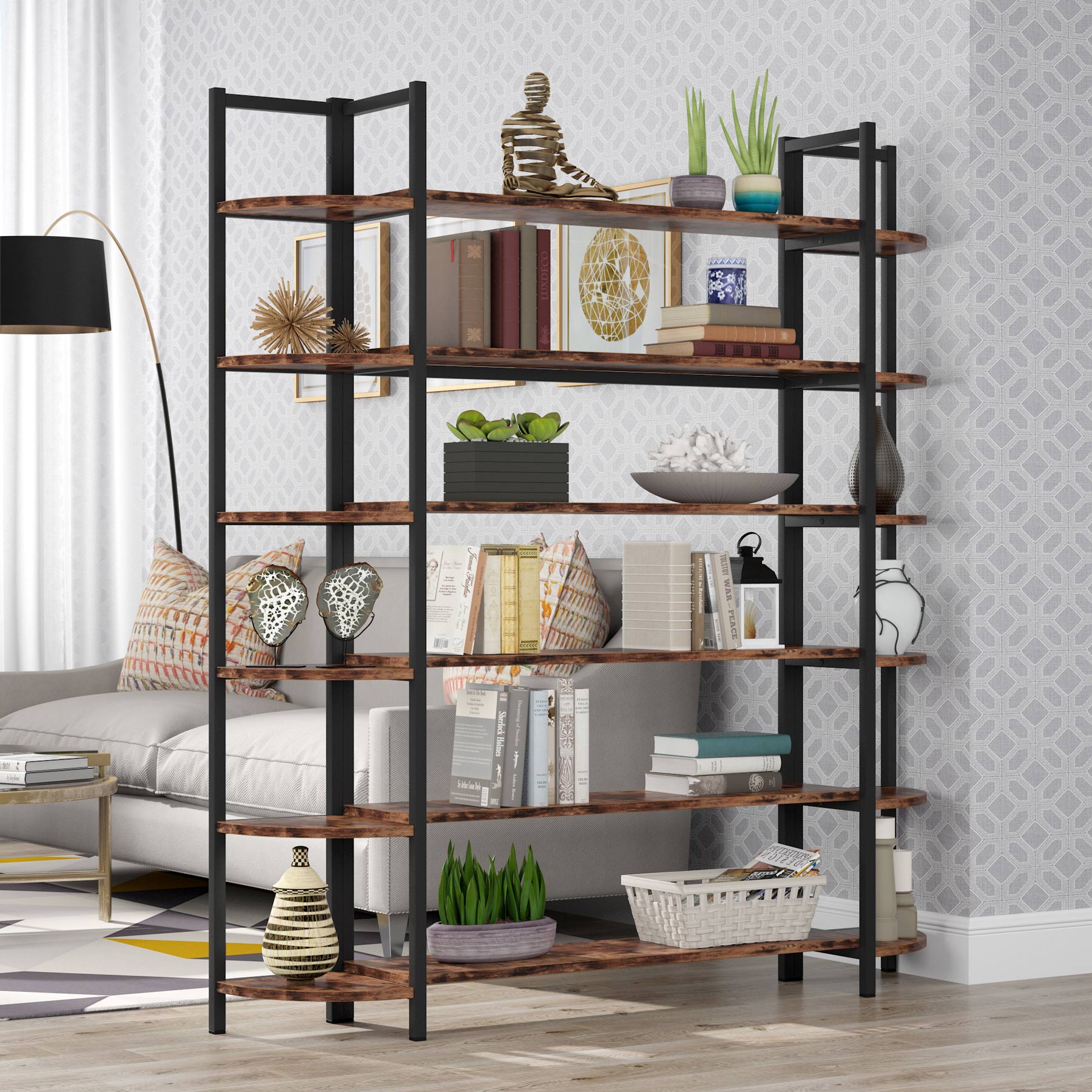 Triple Wide 6-Shelf Bookshelf, 6-Tier Large Etagere Bookcase