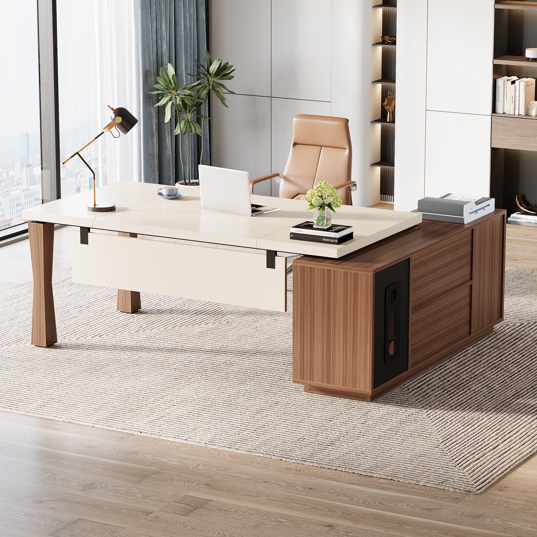 Large L-Shaped Desk, 71-Inch Executive Desk Computer Table with Cabinet