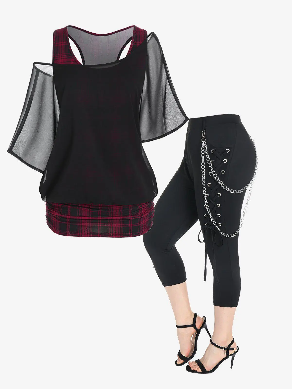 Skew Neck Sheer Mesh Blouse and Plaid Ruched Tank Top and Punk High Waist Lace Up Chains Capri Pants Set Plus Size Summer Outfit