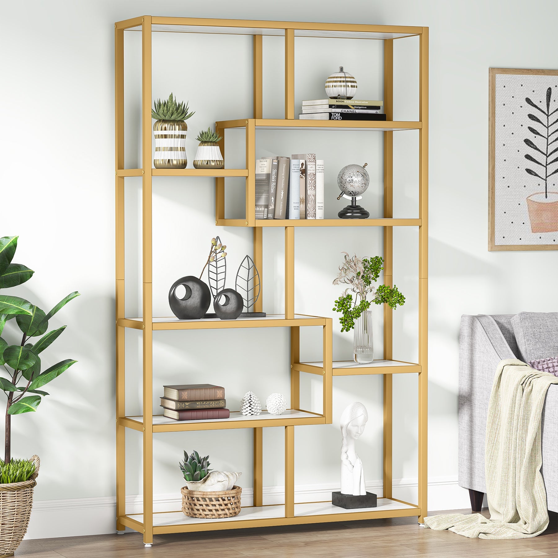 Modern Bookshelf, 8-Open Shelf Etagere Bookcase Storage Organizer