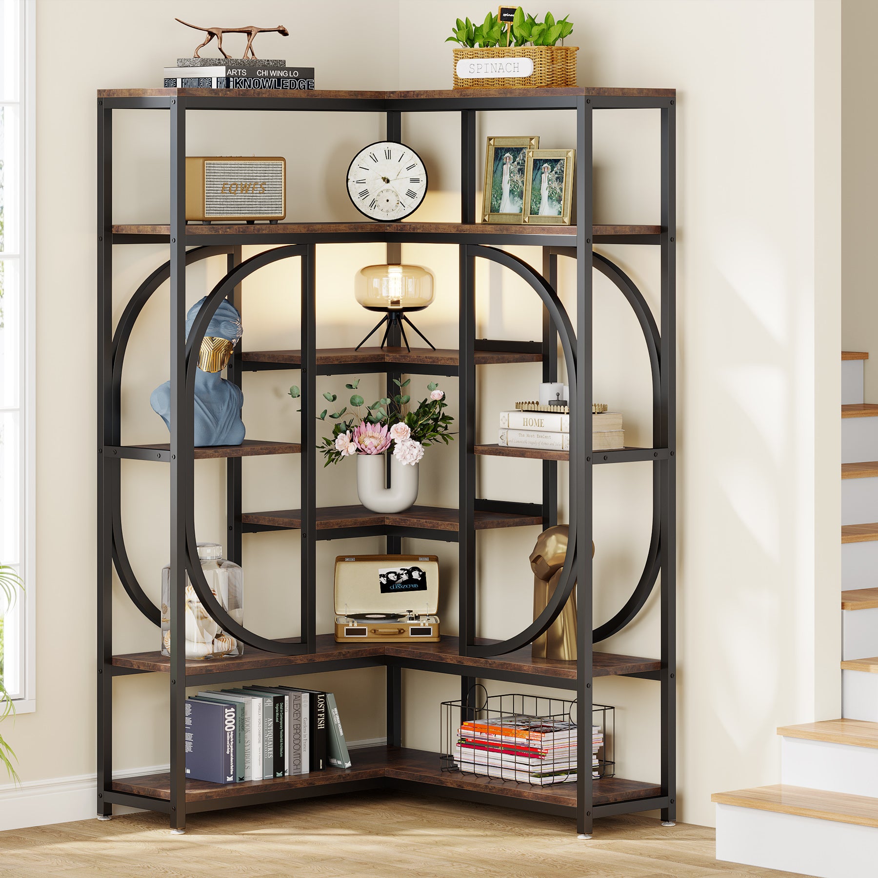 7-Shelf Corner Bookshelf, L-Shaped Bookcase Display Rack