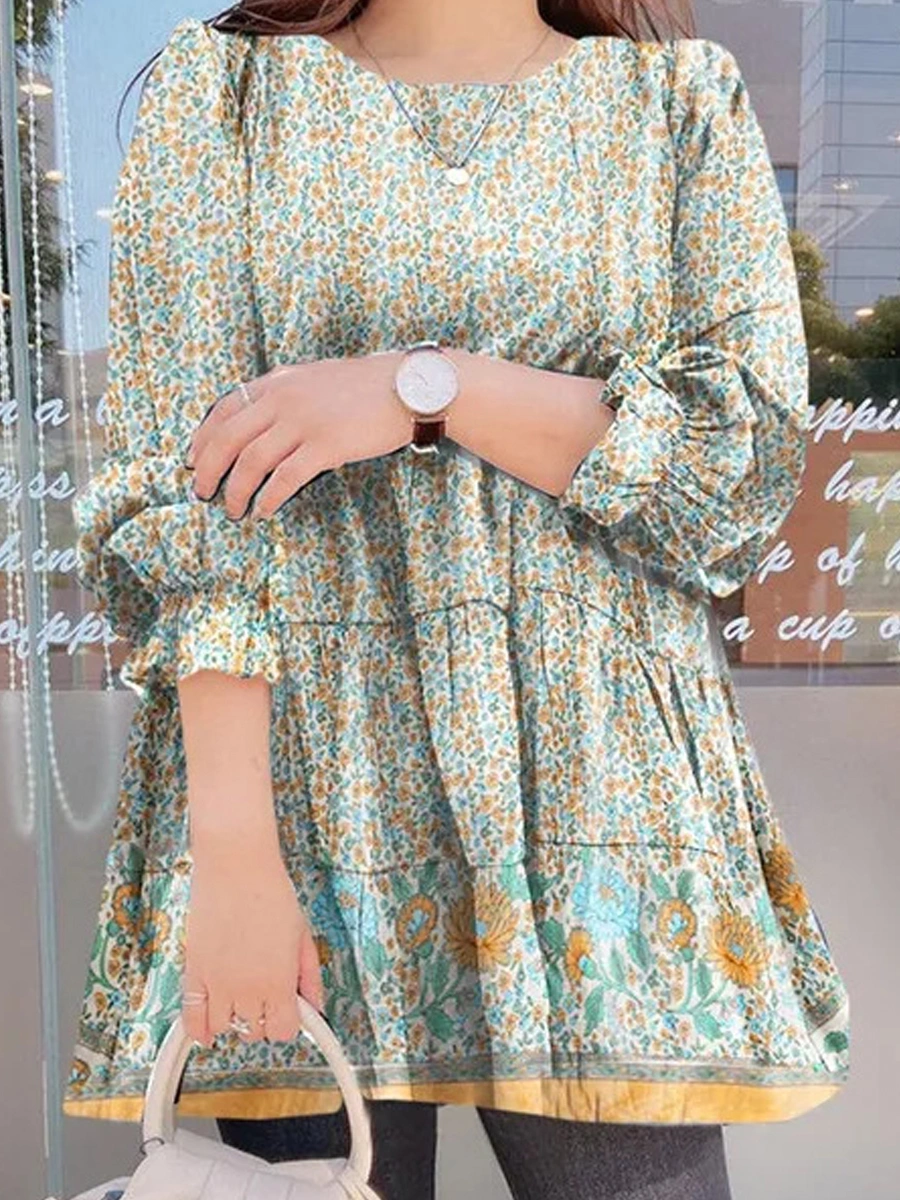 Casual Loose Floral Print Crew Neck Long Sleeve Blouse