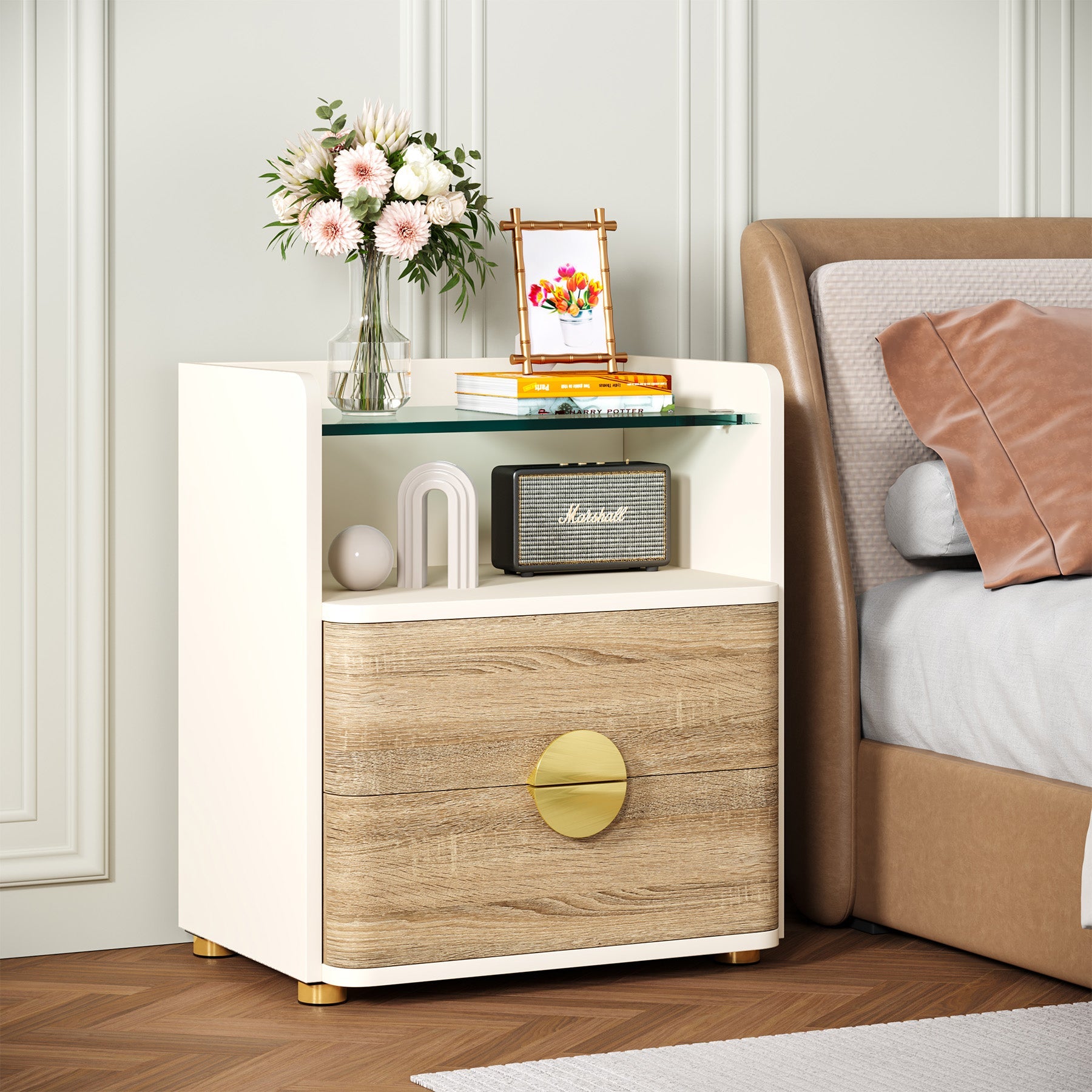 2-Drawer Nightstand, Modern Bedside Table with Open Storage