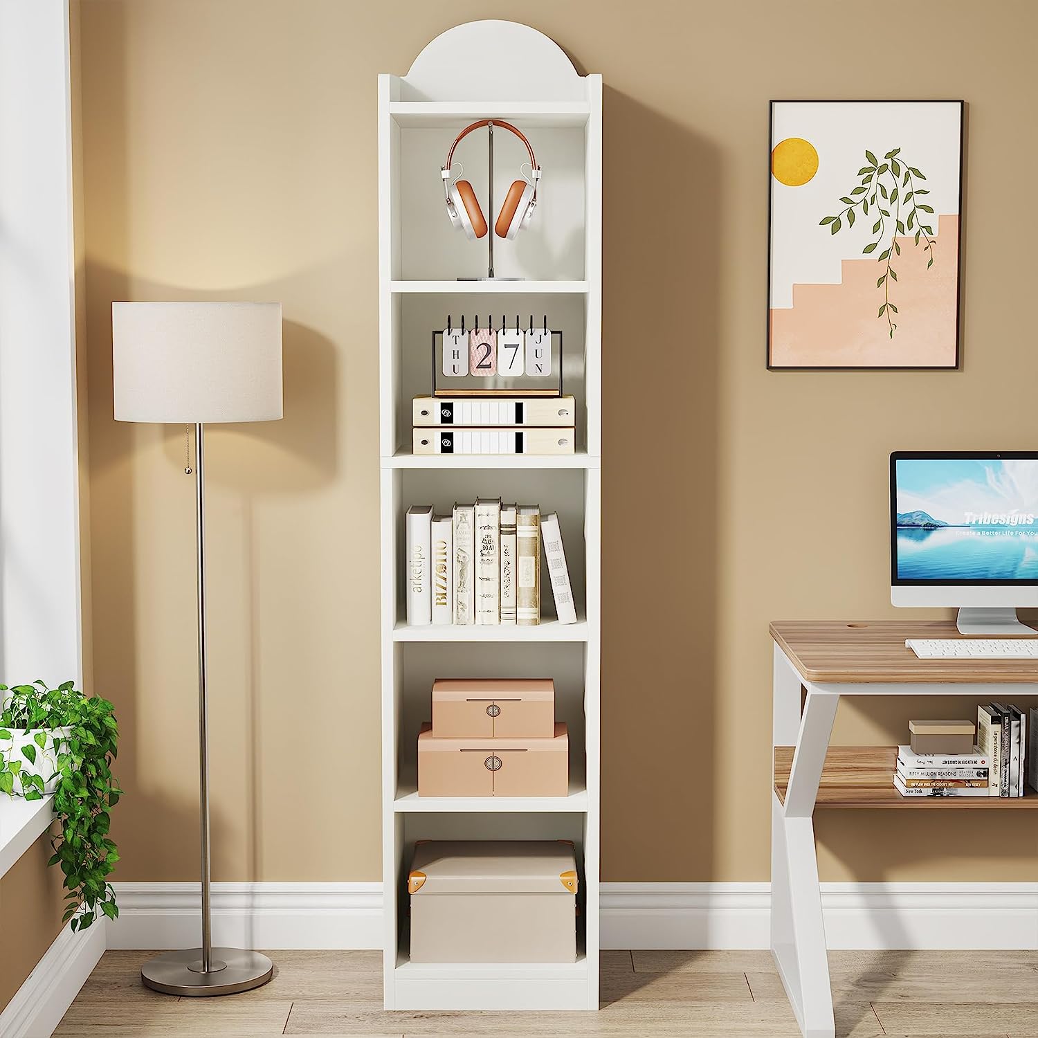 5 Cube Bookcase, Narrow 6-Shelf Storage Organizer Bookshelf