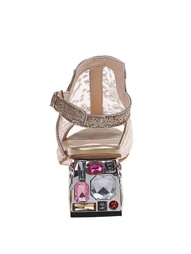 Mesh Sequined Fish Mouth Chunky Heel Sandals