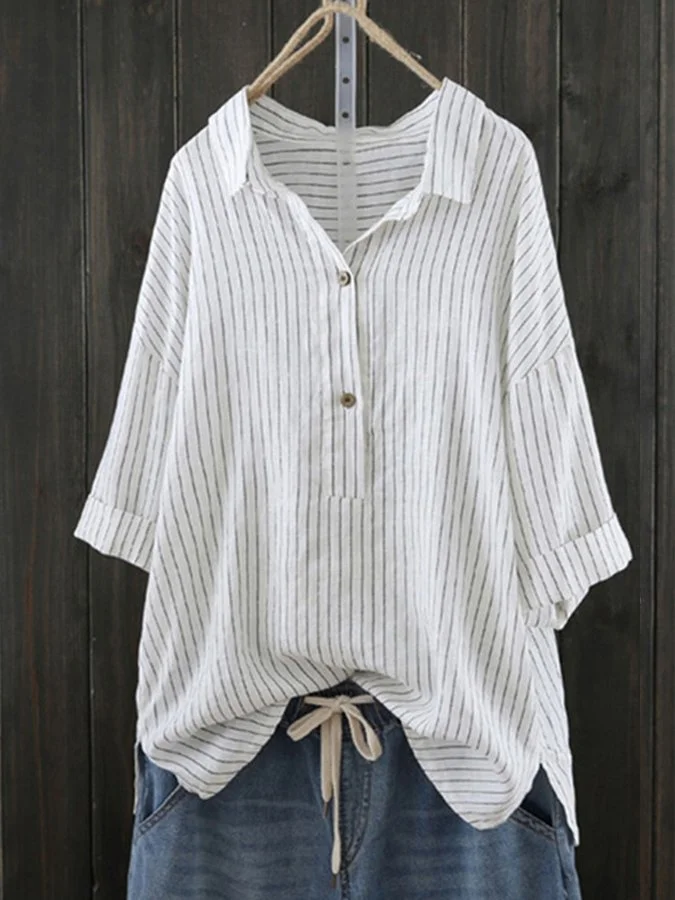 Women's Cotton Linen Striped Loose Casual Shirt