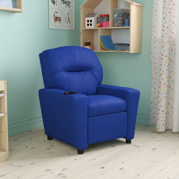 Chandler Contemporary Blue Vinyl Kids Recliner with Cup Holder