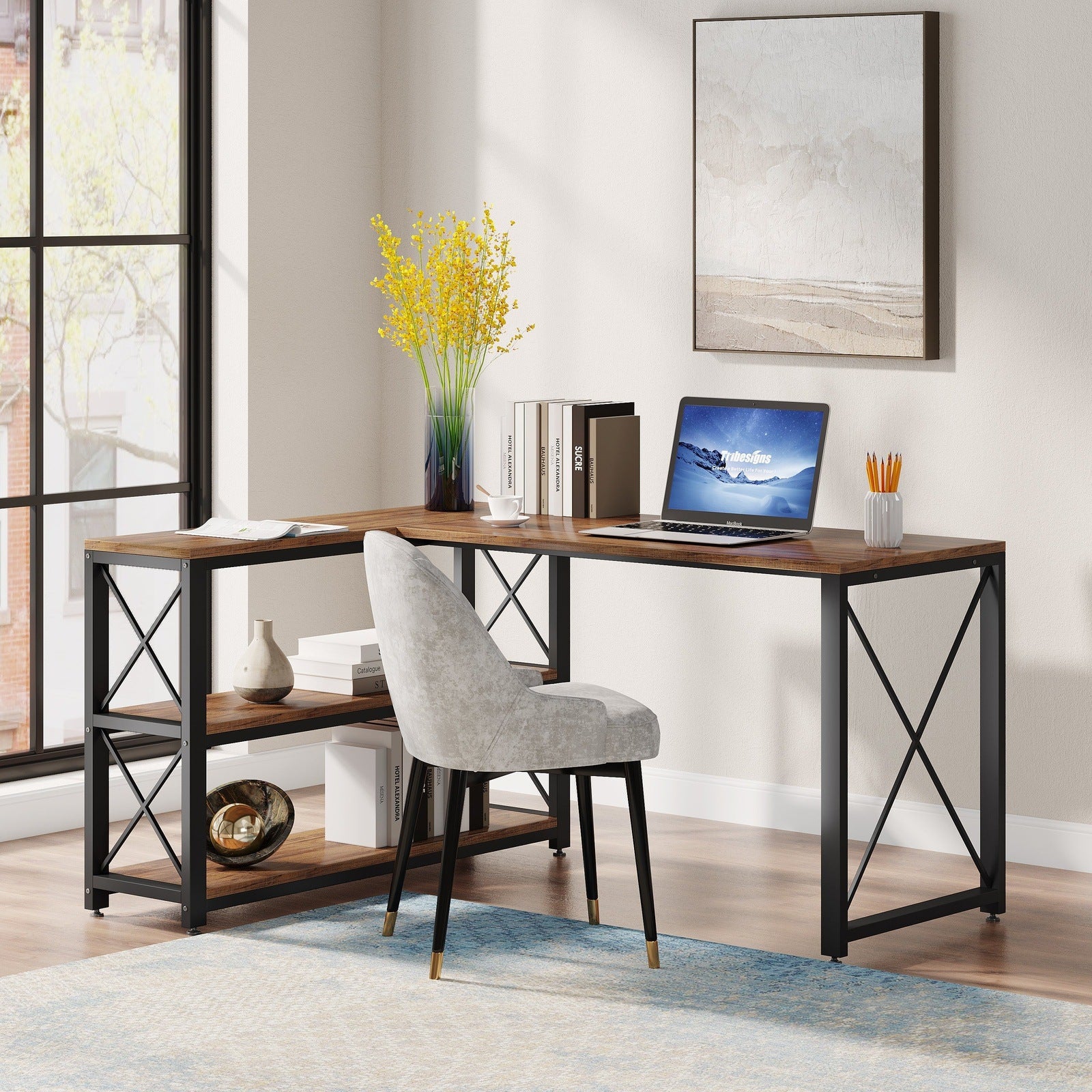 Reversible L-Shaped Desk, Corner Computer Desk with Shelves