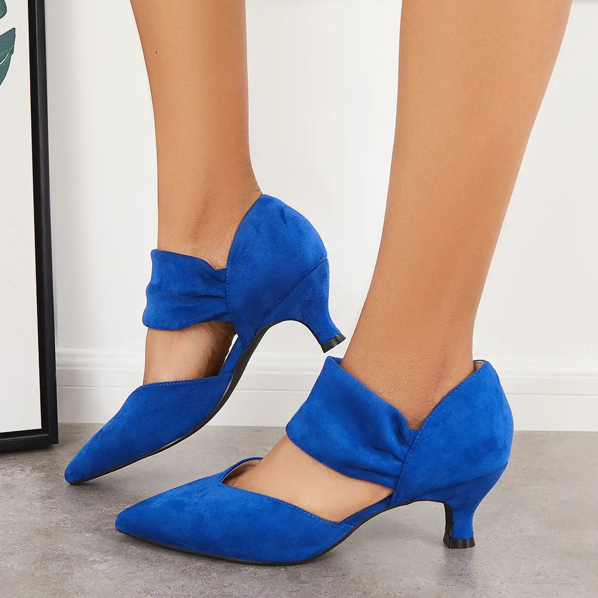Pointed Toe Kitten Heel Pumps Slip on Instep Straps Office Shoes