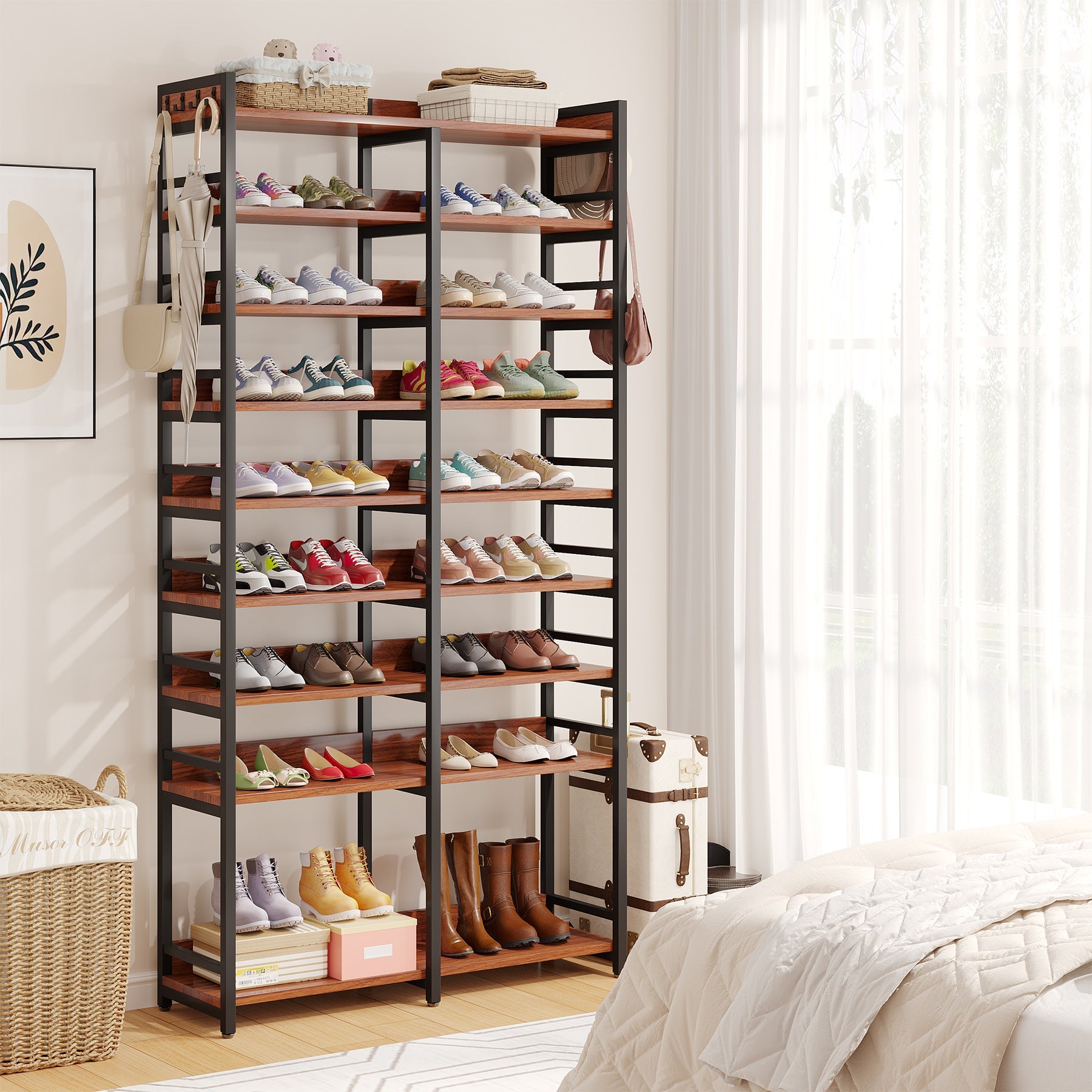 9-Tier Shoe Rack, 36 Pairs Shoe Storage Shelf with Side Hooks