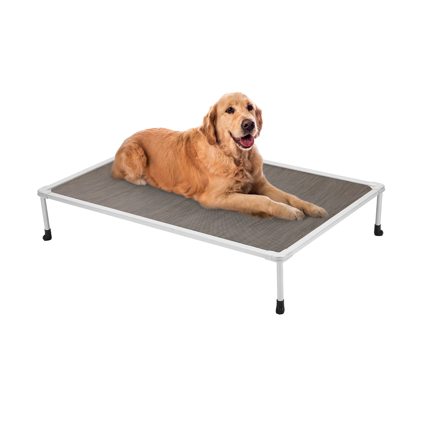 Veehoo Chewproof Dog Bed， Cooling Raised Dog Cots with Silver Metal Frame， Large， Brown