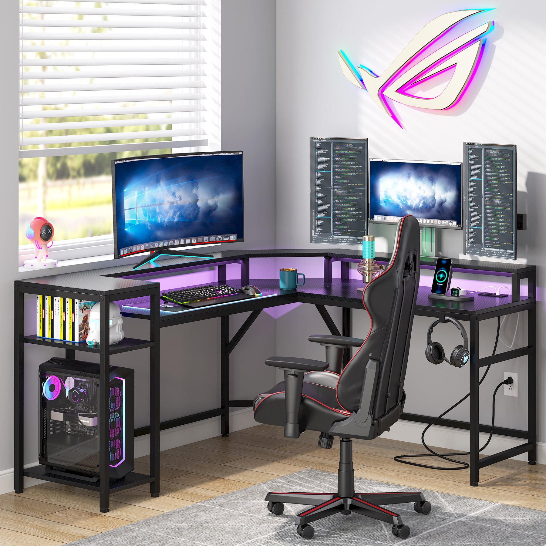 L-Shaped Gaming Desk Computer Desk with Power Outlets & LED Strips