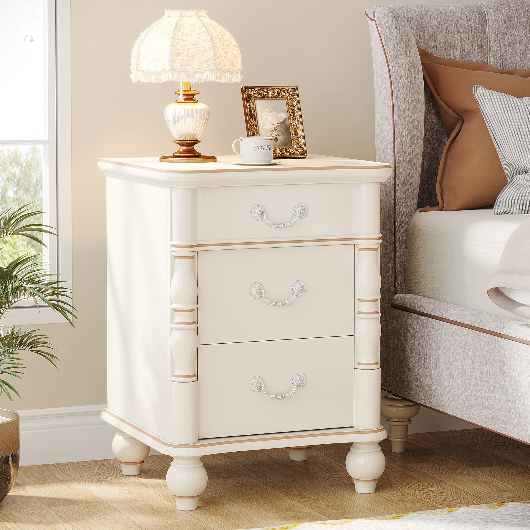 3 Drawers Nightstand, Modern  Bedside End Table with Solid Wood Legs