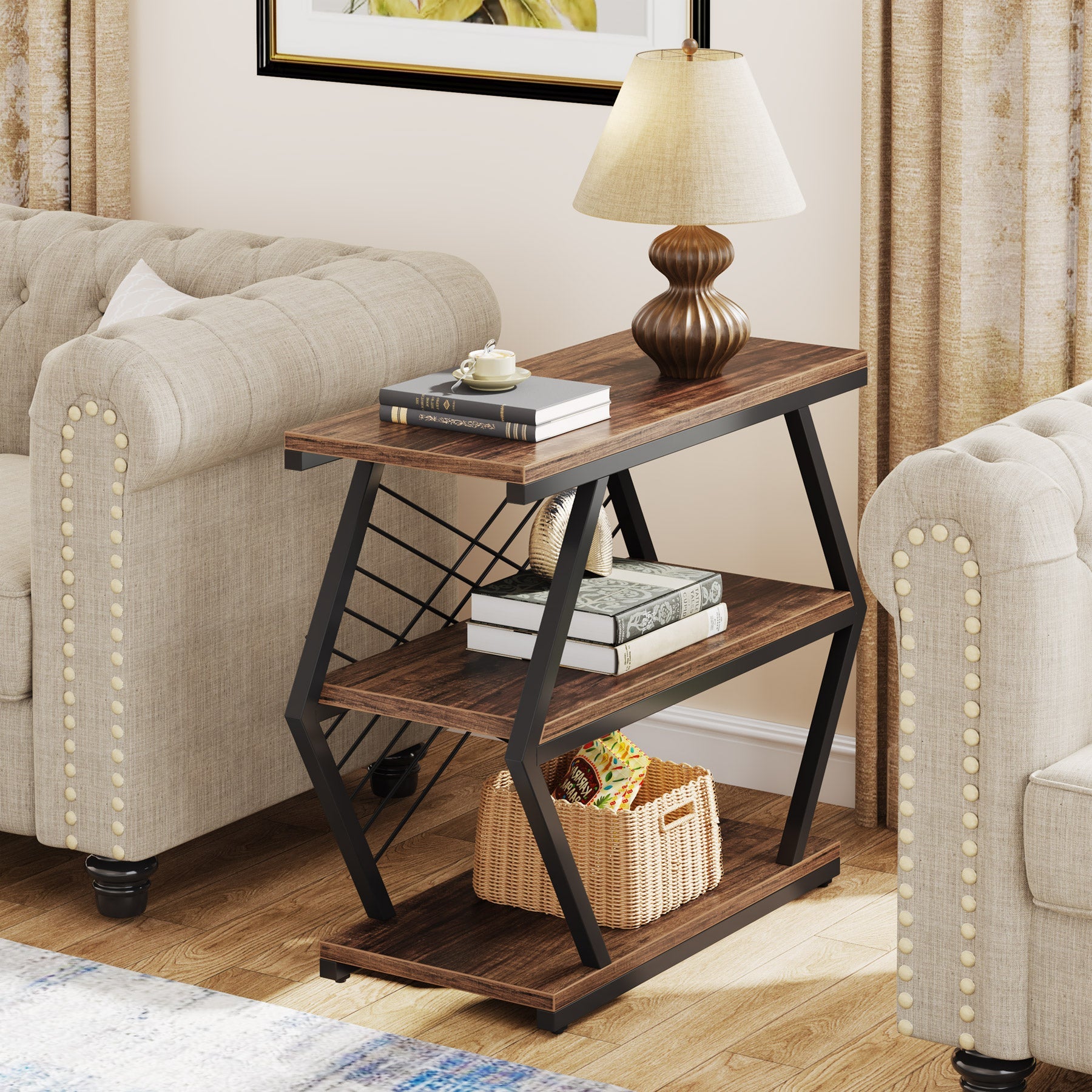 Industrial End Table Side Table with 3 Storage Shelves & Metal Frame