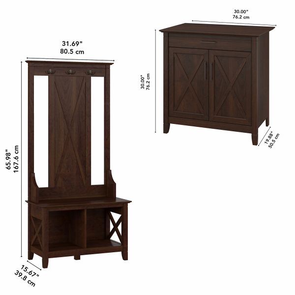 Bush Furniture Key West Entryway Storage Set with Hall Tree， Shoe Bench and Armoire Cabinet in Bing Cherry