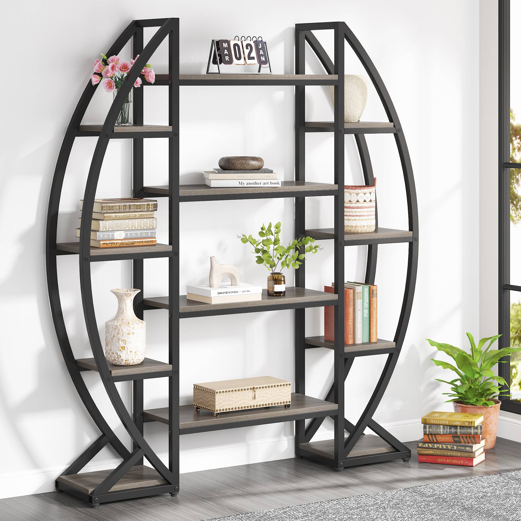 Industrial Bookshelf, Oval Triple Wide Etagere Bookcases Display Shelves