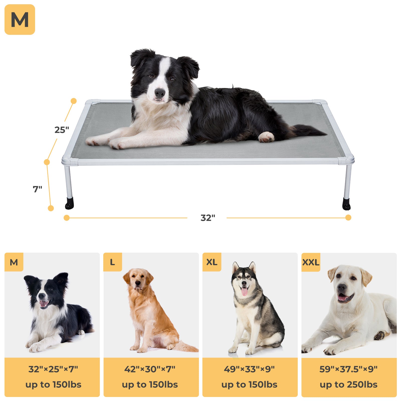Veehoo Chewproof Dog Bed， Cooling Raised Dog Cots with Silver Metal Frame， Medium， Silver Grey