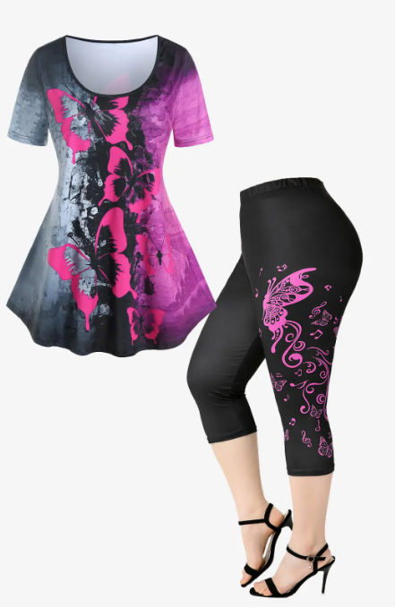 Butterfly Colorblock Wash Painting Print T-shirt and Butterfly Print Capri Leggings Plus Size Outfit