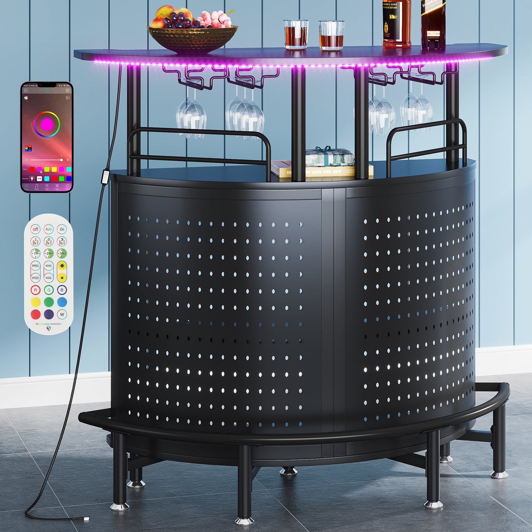 Smart Bar Unit with Led Lights, 3-Tier Liquor Bar Table