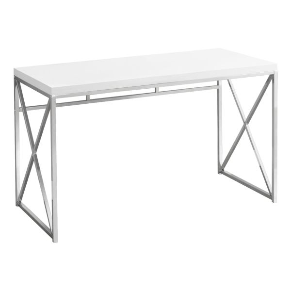 Computer Desk， Home Office， Laptop， Work， Glossy White Laminate， Chrome Metal， Contemporary， Modern